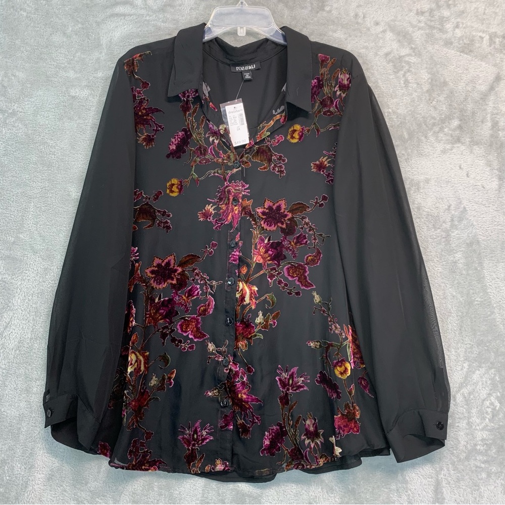 NWOT Roz & Ali Whimsical Black Button Down Sheer Floral Velvet Shirt Size 3X